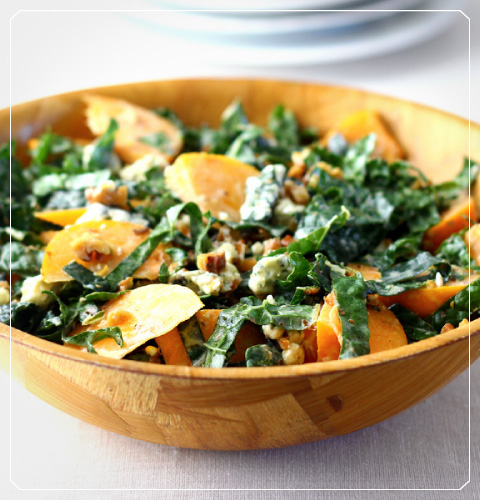 Kale and Persimmon Salad with Creamy Lemon Dressing and Vella Dry Jack Cheese