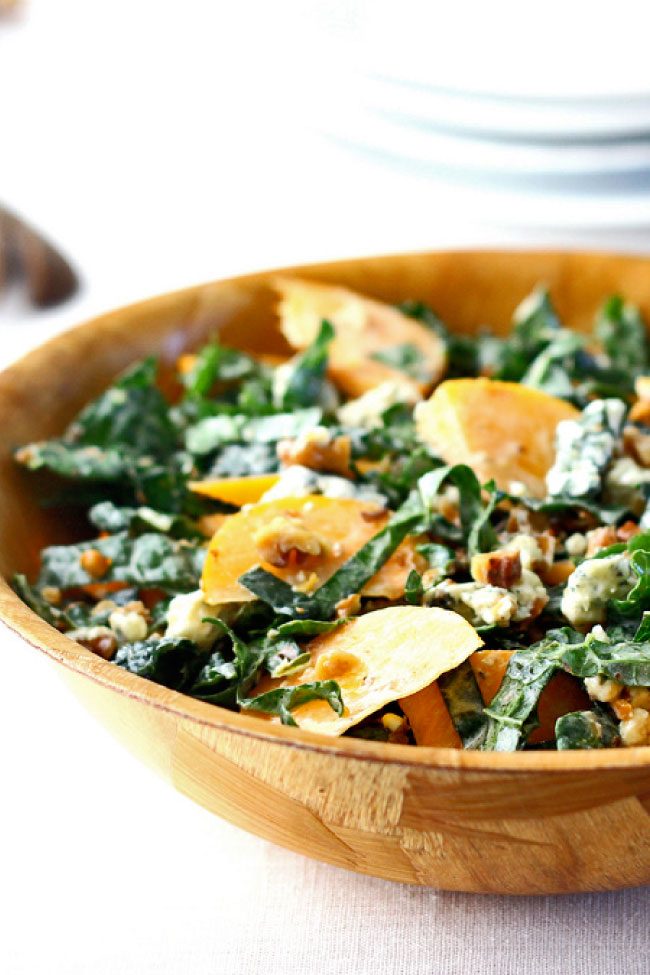 Kale and Persimmon Salad with Creamy Lemon Dressing and Vella Dry Jack Cheese